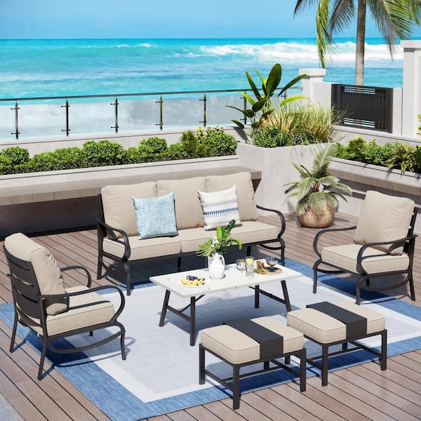PHI VILLA Black Slatted 7-Seat 6-Piece Metal Outdoor Patio Conversation Set with Beige Cushions and Table with Marble Pattern Top
