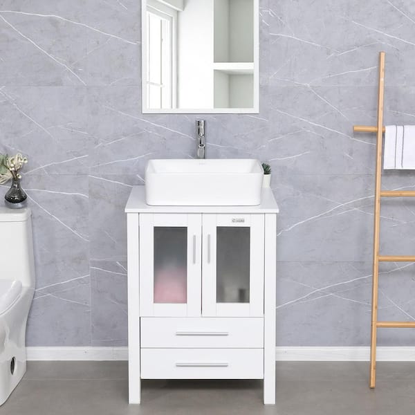 eclife 24 in. W x 20 in. D x 32 in. H Single Sink Bath Vanity in White with White Ceramic Vessel Sink Top Chrome Faucet