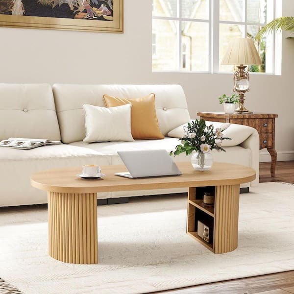 ATHMILE 47.24 in. Natural Oval MDF Coffee Table with 2 Storage