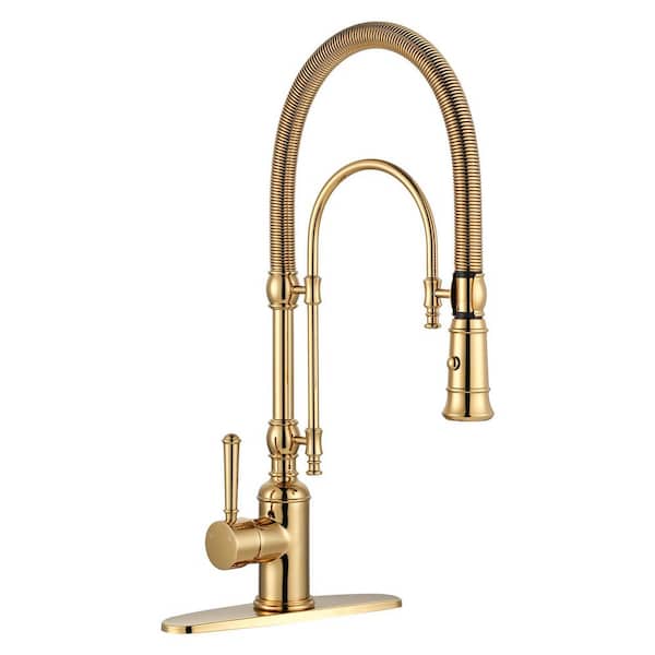 20.7 in. H Single Handle Deck Mount Pull Down Sprayer Kitchen Faucet with 360° Spout Swivel in Brushed Gold