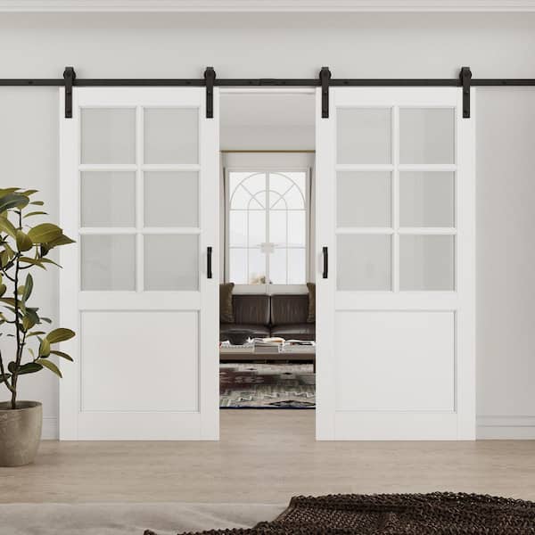 72 in. x 80 in. 6 Lite Tempered Frosted Glass White Primed Solid Core MDF Sliding Barn Door with Hardware Kit