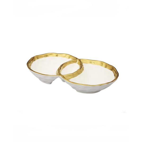 C T Classic Touch White Porcelain Round Double Bowl with Gold Rim