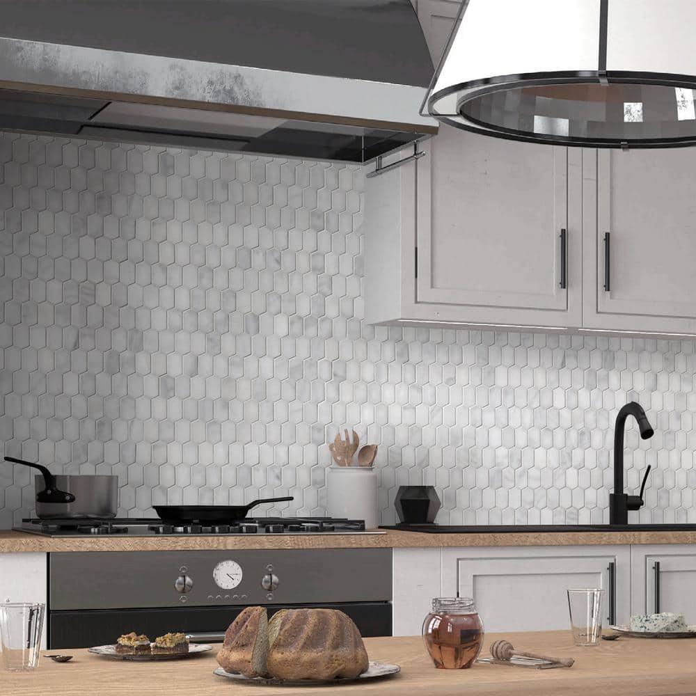 12" x 10" White Carrara Marble Hexagonal Mosaic Tile