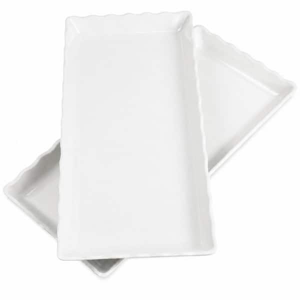 Set of 2 White Wave Edge Melamine Serving Trays 17 x 8 x 1.5 in for Appetizers and Snacks Stackable Combo