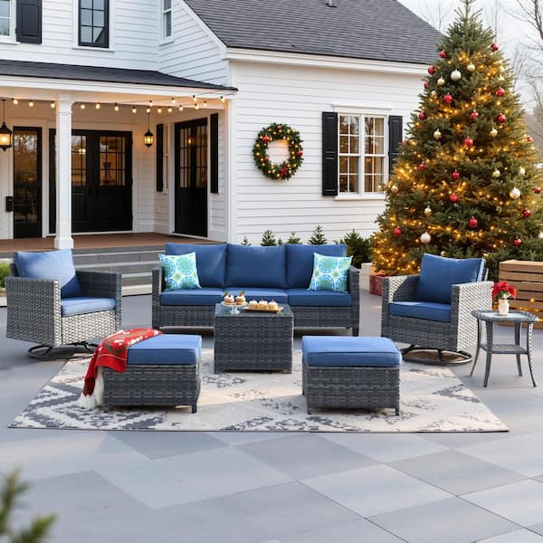 New Vultros Gray 7-Piece Wicker Outdoor Patio Conversation Set with Denim Blue Cushions and Swivel Rocking Chairs