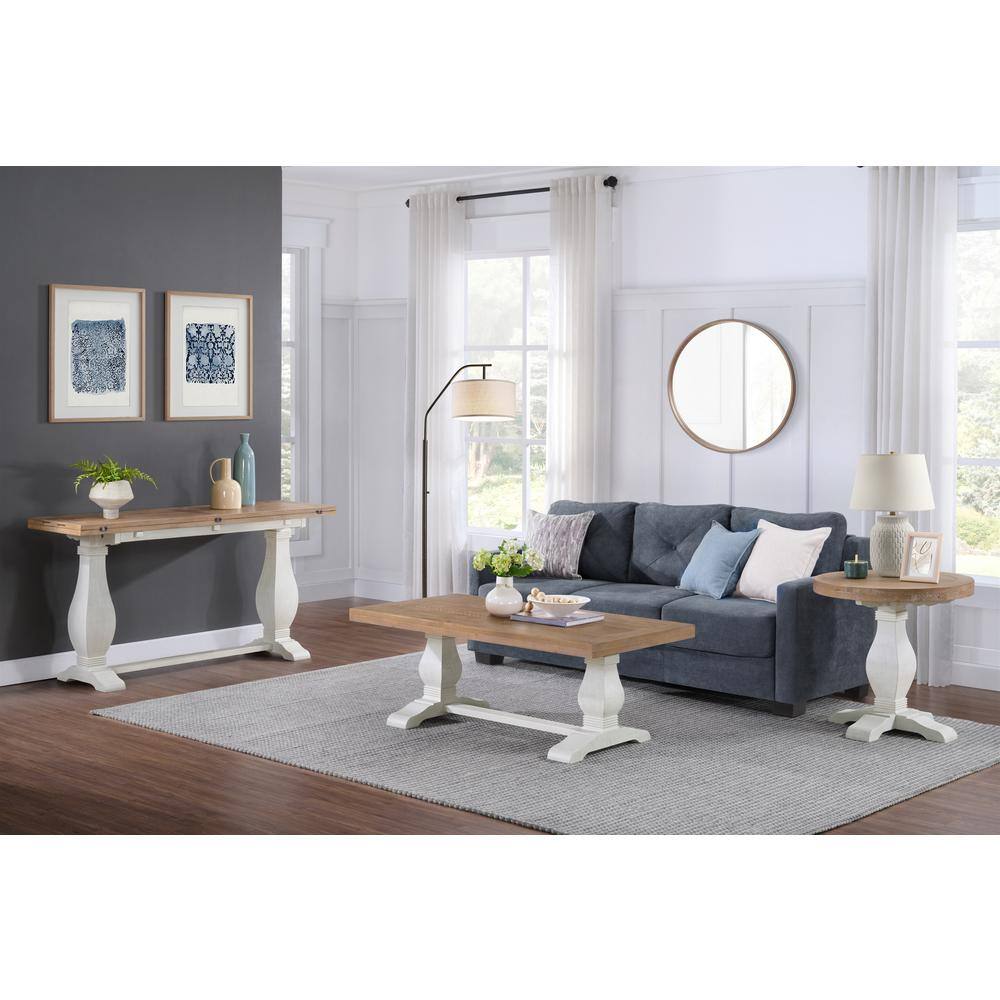 Wooden coffee table in a living room with a sectional sofa.