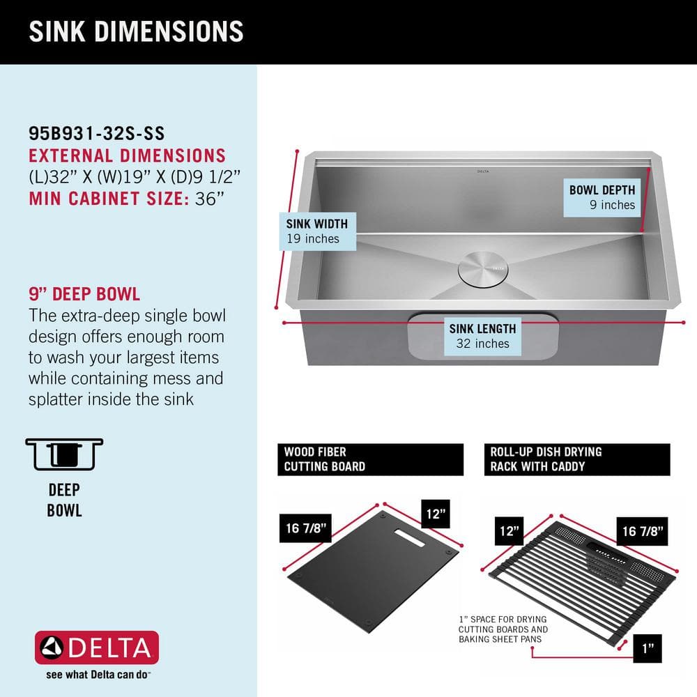 Delta 32-Inch Stainless Steel Workstation Undermount Kitchen Sink