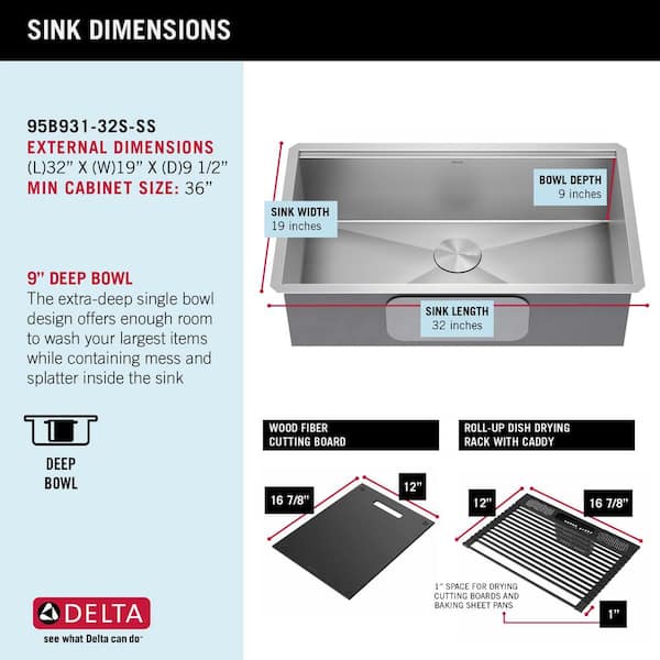 DELTA FAUCET 95B9032-17S-SS Lorelai Workstation Bar Prep Kitchen Sink Undermount 16 Gauge Stainless Steel Single Bowl with WorkFlow Ledge a 並行輸入品 - 2