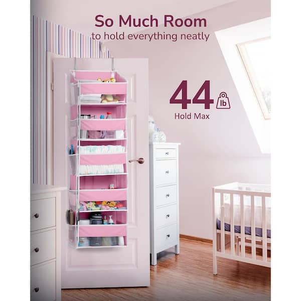 Pink Over Door Organizer with 5-Large Pockets 10-Mesh Side Pockets, Hanging Storage Organizer with Clear Window