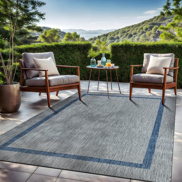 Waikiki Grey/Blue 5 ft. x 7 ft. Bordered Indoor Outdoor Area Rug