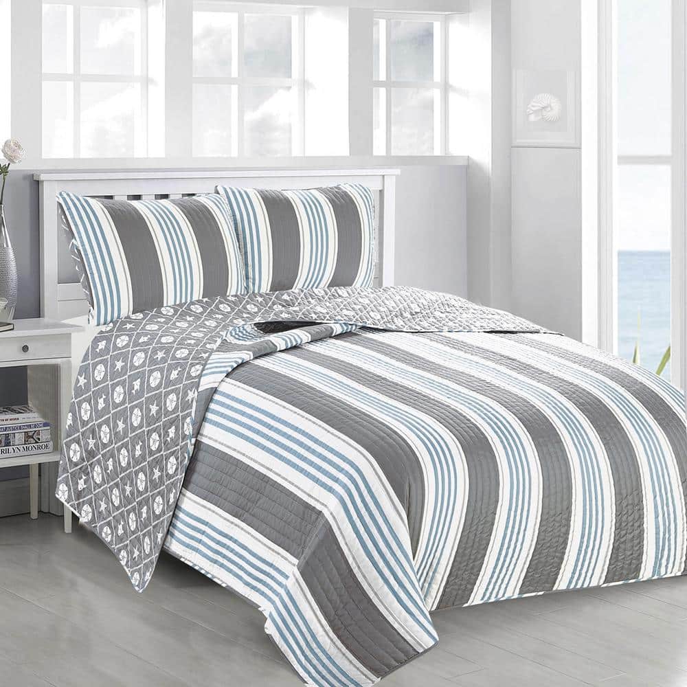 Twin Blue and Gray Reversible Microfiber Quilt Set