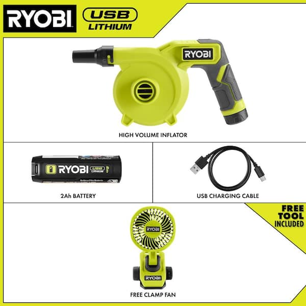 USB Lithium Cordless High Volume Inflator Kit with USB Lithium 2.0 Ah Battery with USB Lithium Cordless Clamp Fan