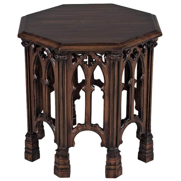 Design Toscano Gothic Revival 20 in. Brown Standard Octagon Top Wood Side Table