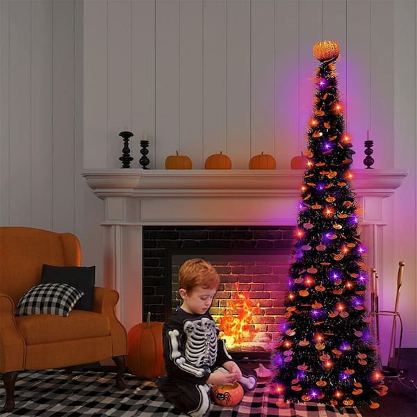 OGETFUUR 61 in. Battery Operated Black Tinsel Halloween Tree with
