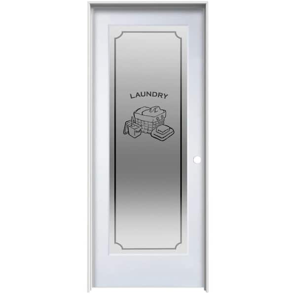 MMI DOOR Laundry 30 in. x 80 in. Left Hand Full Lite Frosted Glass Primed MDF Single Prehung Interior Door on 4-9/16 in. Jamb