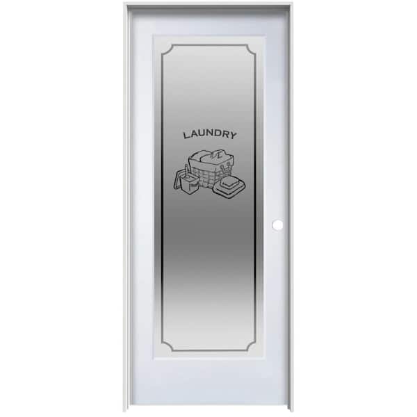 MMI Door Laundry 32 in. x 80 in. Left Hand Full Lite Frosted Glass Primed MDF Single Prehung Interior Door on 4-9/16 in. Jamb