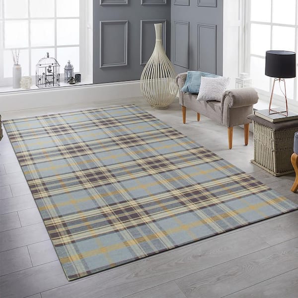 EORC Blue 9 ft. x 12 ft. Handmade Wool Transitional Plaid Area Rug