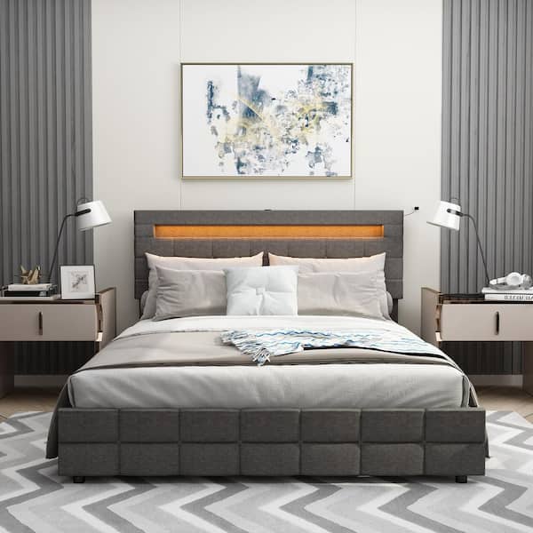 FUFU&GAGA Gray Wood Frame Queen Size Bed Platform Bed With 4-Drawers, Color-Changing LED Lights, Bluetooth, Adjustable Headboard