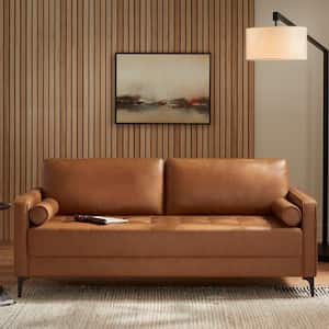 Goodwin 75.6 in. Square Arm Faux Leather Mid-Century Modern Sofa with Bolster Pillows in Caramel Brown