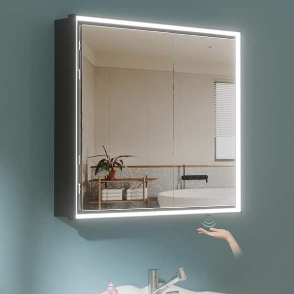 Unbranded 30 in. W x 32 in. H H Rectangular Aluminum Medicine Cabinet with Mirror Defogger LED Medicine Cabinet 3 Color Lighting