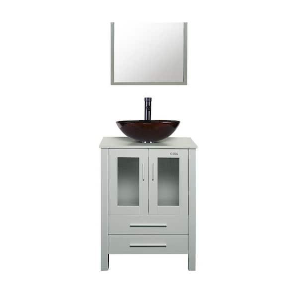24 in. W x 20 in. D x 32 in. H Single Sink Bath Vanity in Grey with Brown Glass Vessel Sink Top ORB Drain Faucet Set