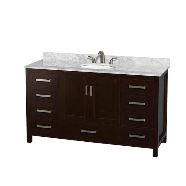 Wyndham Collection Sheffield 60 in. W x 22 in. D x 35 in. H Single Bath Vanity in Espresso with White Carrara Marble Top