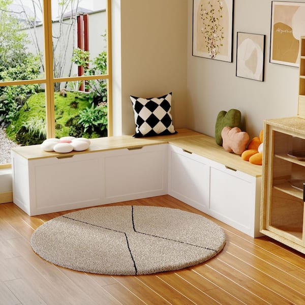 White and Wood Grain L-Shaped Dining Storage Bench, Breakfast Nook Seating without Back with 2 Compartments, 63 in. W