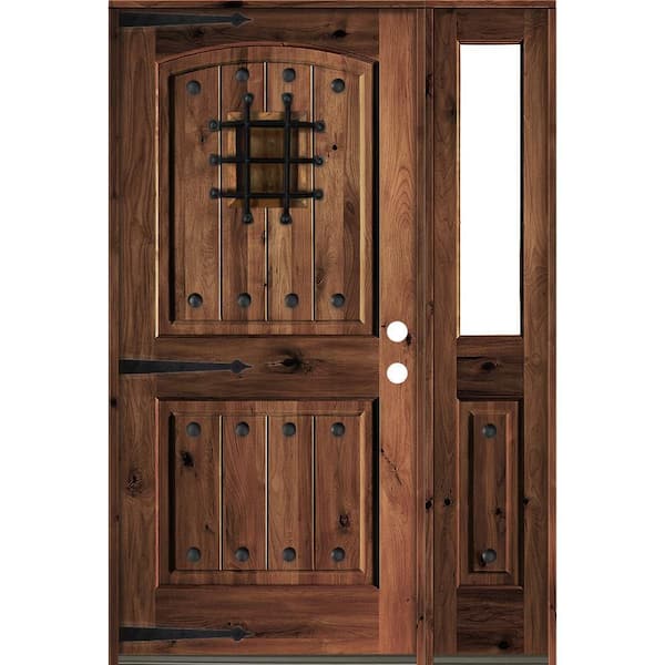 46 in. x 80 in. Medit. Knotty Alder Left-Hand/Inswing Clear Glass Red Mahogany Stain Wood Prehung Front Door with RHSL