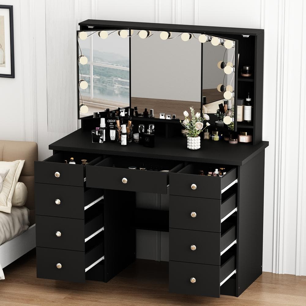 FUFU&GAGA Black Modern Makeup Vanity Desk 9-Drawers Wood Dressing Table ...