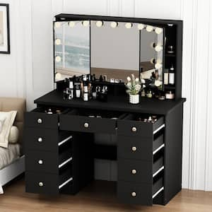 Black Modern Makeup Vanity Desk 9-Drawers Wood Dressing Table With 3-Mirrors, Hidden Storage Shelves, LED Bulb Lights