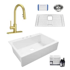 Josephine 34 in. 3-Hole Quick-Fit Drop-In Farmhouse Single Bowl Crisp White Fireclay Kitchen Sink with Gold Faucet