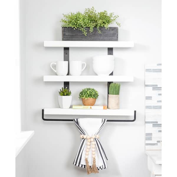 Unbranded Industrial Grace 5.5 in. x 24 in. x 20 in. White Pine Wood 3-TIer with Towel Bar Decorative Wall Shelf with Brackets