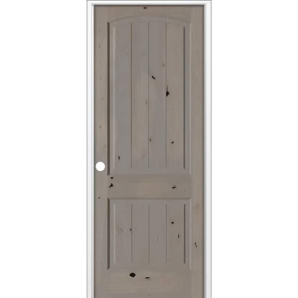 30 in. x 96 in. Rustic 2-Panel Arch Top VG Righthand Weathered Gray Stain Knotty Alder Wood Single Prehung Interior Door