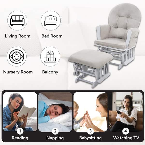 Homestock Light Gray/Light Gray Nursery Glider and Ottoman Set with Cushion, Rocker Rocking Chair for Breastfeeding, Maternity