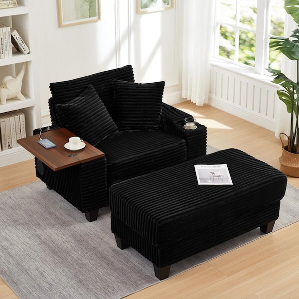 Quendral Black Fluffy Corduroy Storage Sofa Accent Armchair with Ottoman Cup Holder Bluetooth Speaker USB Ports