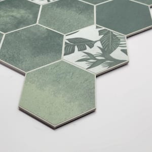 Hexagon 12.5 in. X 12.2 in. Peel and Stick Backsplash Stone Composite Wall Tile, Cement Green (10 Tiles, 9.00 sq.ft.)