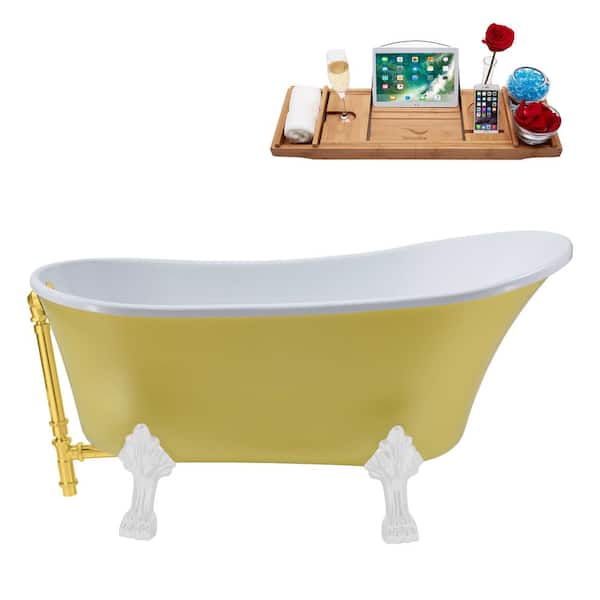 Streamline 63 in. Acrylic Clawfoot Non-Whirlpool Bathtub in Matte Yellow With Glossy White Clawfeet And Polished Gold Drain