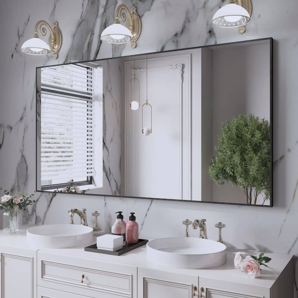 55 in. W x 30 in. H Aluminum Framed Rectangular Vanity Wall Mounted Mirror in Matte Black price history on PriceWatchPro