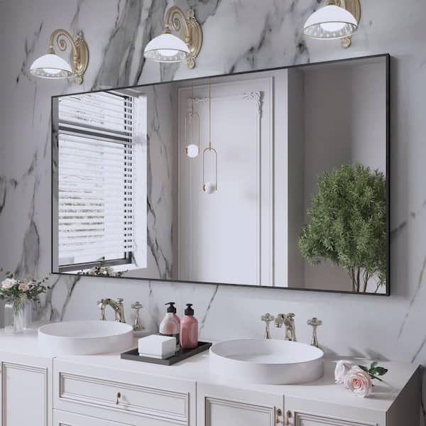 55 in. W x 30 in. H Aluminum Framed Rectangular Vanity Wall Mounted Mirror in Matte Black