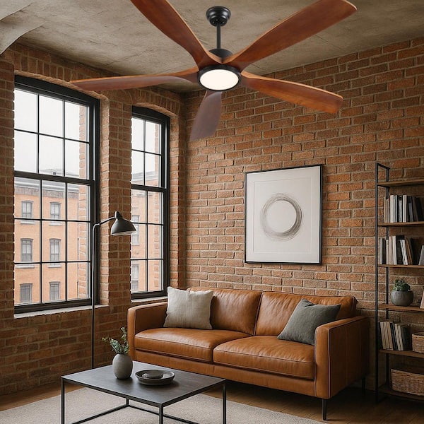 PUDO 60 in. Integrated LED Low Profile Brown Indoor Ceiling Fan