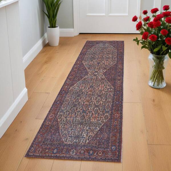 HomeRoots Red Tan and Blue 3 ft. x 8 ft. Floral Area Rug