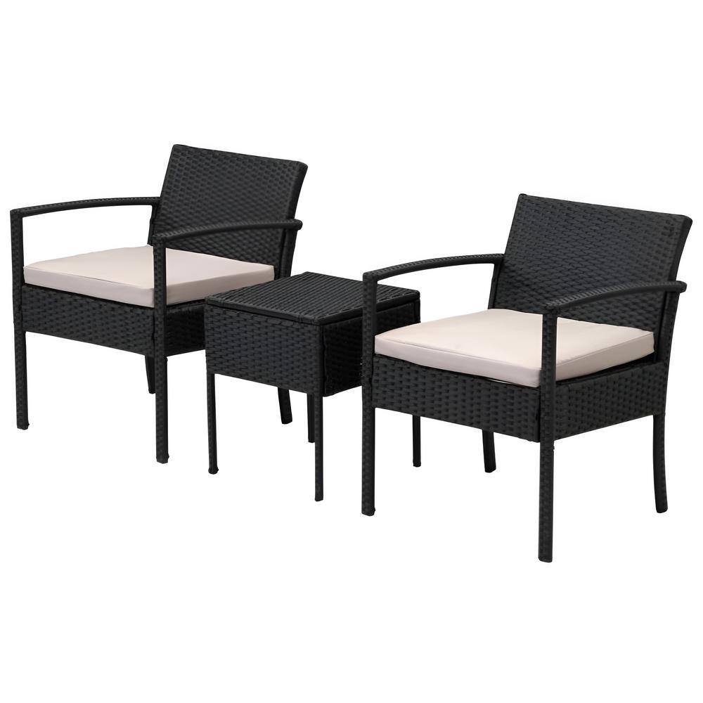 Black 3-Piece Wicker Patio Conversation Set, Outdoor Rattan Chairs and Tabl