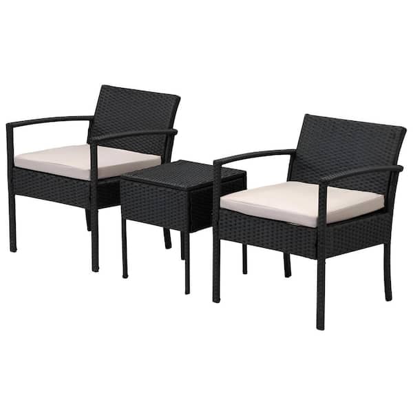 Unbranded Black 3-Piece Wicker Patio Conversation Set, Outdoor Rattan Chairs and Table Set with Gray Cushions For Balcony, Garden