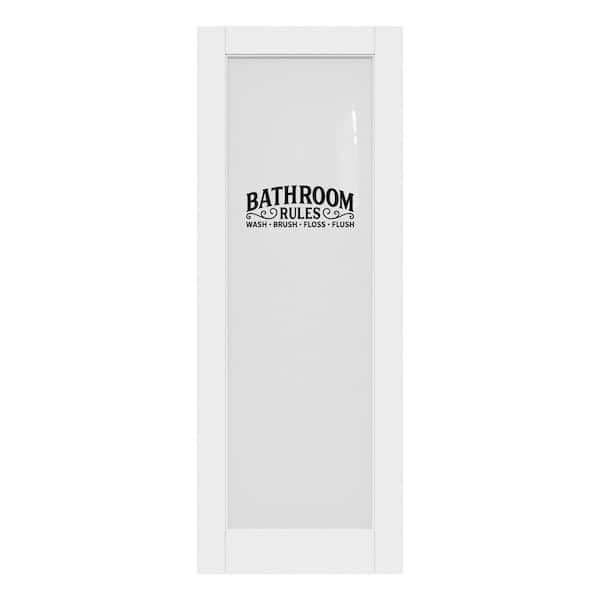 30 in. x 80 in. 1-Lite Tempered Frosted Glass White Primed Solid MDF Interior Door Slab with Peel Sticker (Bathroom)