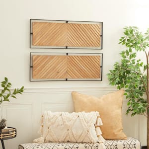 Wood Brown Linear Carved Geometric Wall Decor with Black Frame (Set of 2)