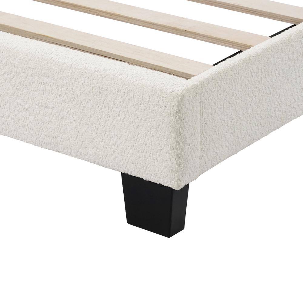 White Boucle Upholstered Queen Bed with Nailhead Trim and Wood Frame