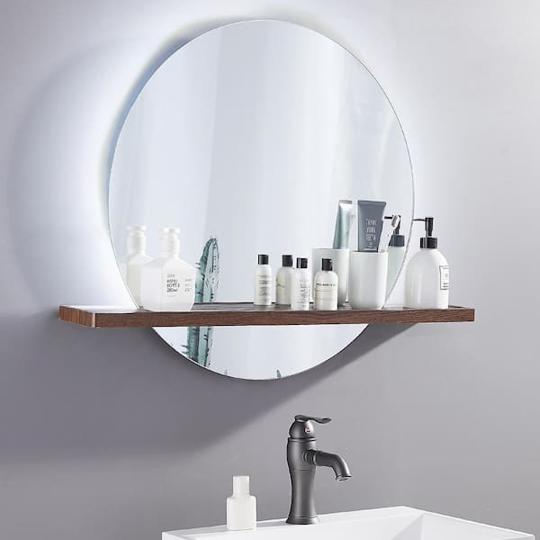 ELLO&ALLO 24 in. W x 24 in. H Single Frameless Round LED Light Bathroom Wall Vanity Mirror with Shelf, Clear