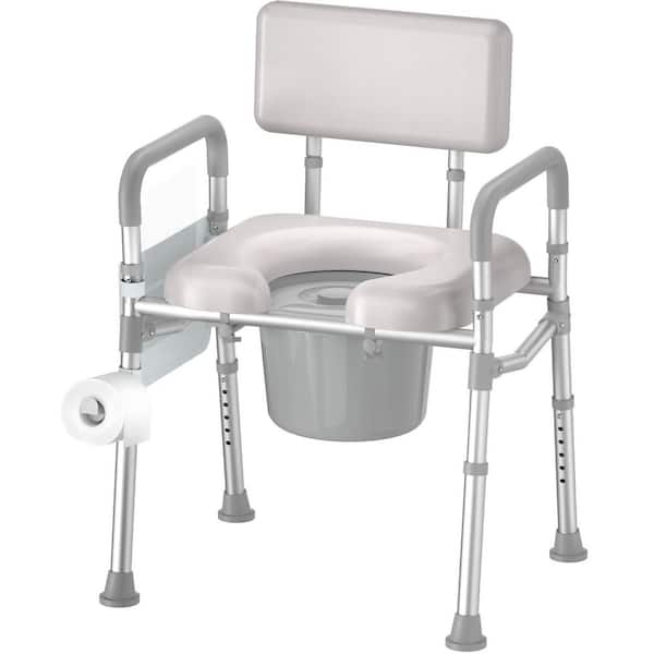 Bedside Commode Chair with Padded Seat Backrest, Aluminum Dual-Crossbar, Height Adjustable, 350 lb. Capacity Toilet Seat