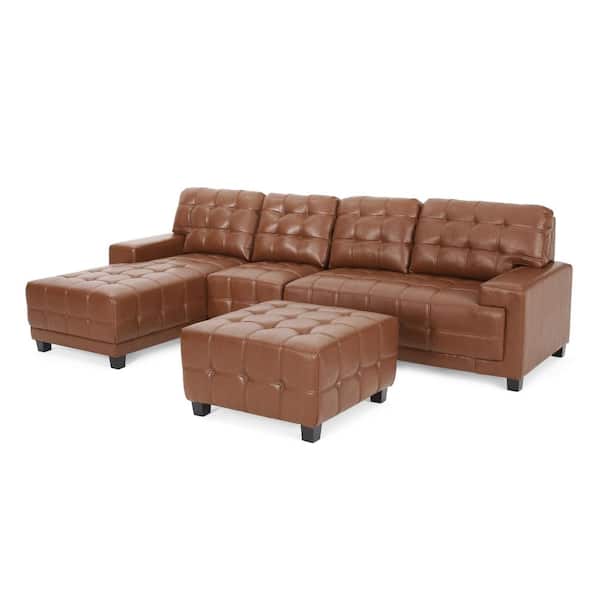 Noble House Berkamn 111 in. W 4-Piece Faux Leather Sectional and Chaise Lounge Sectional Set in Cognac Brown