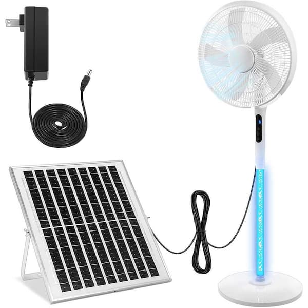 16'' Solar Floor Standing Fan with Panel, 6 Speeds, Oscillating Pedestal, 10000mAh Battery, White, 2 Charging Methods